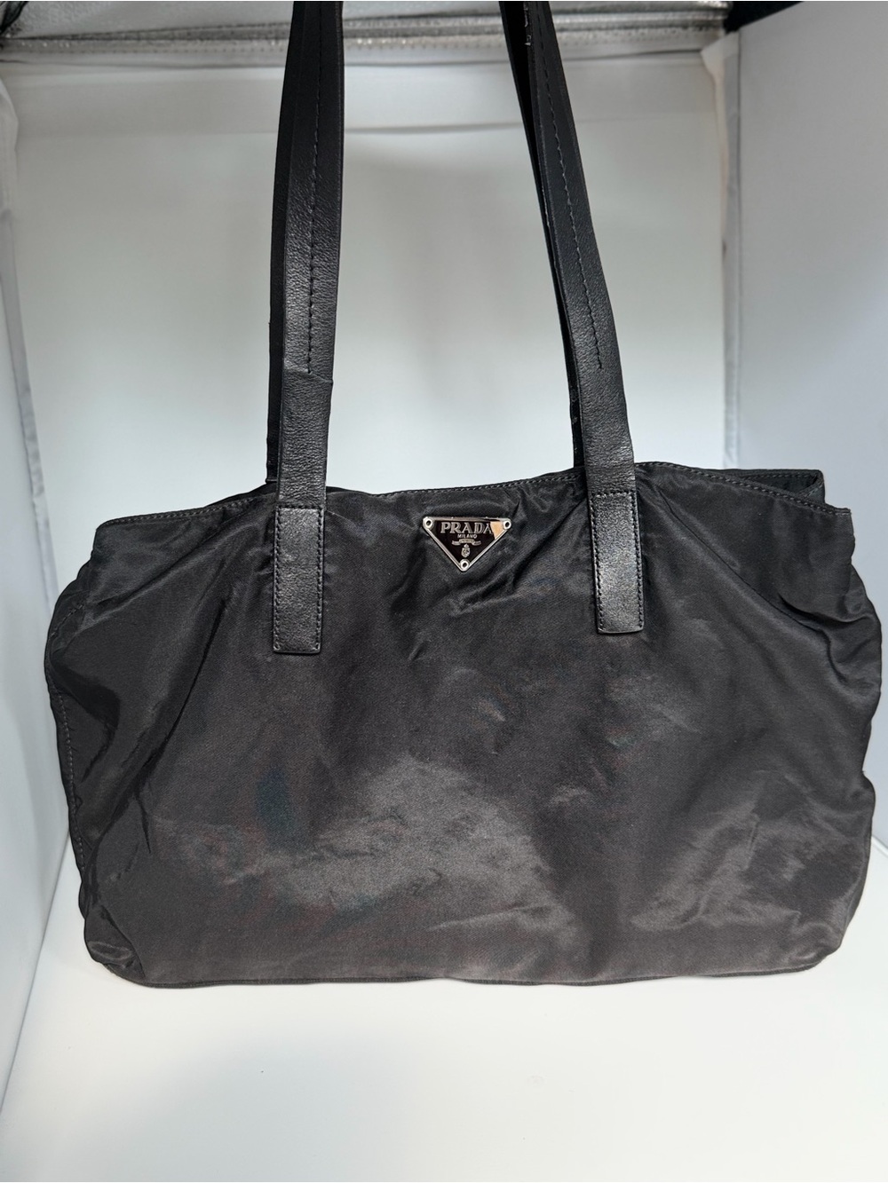 Prada Black Nylon Leather Tote Bag Damaged Logo As Is Authentic